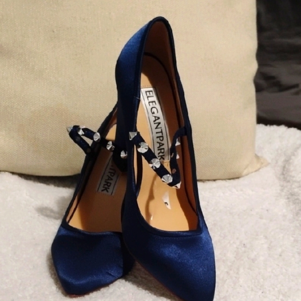 New Elegantpark Women's Navy Blue Satin Heels